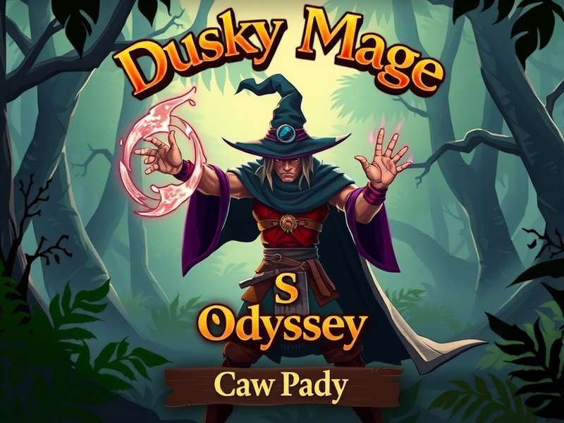 Dusky Mage S Odyssey game banner showing a dark mage casting spells in a mystical forest